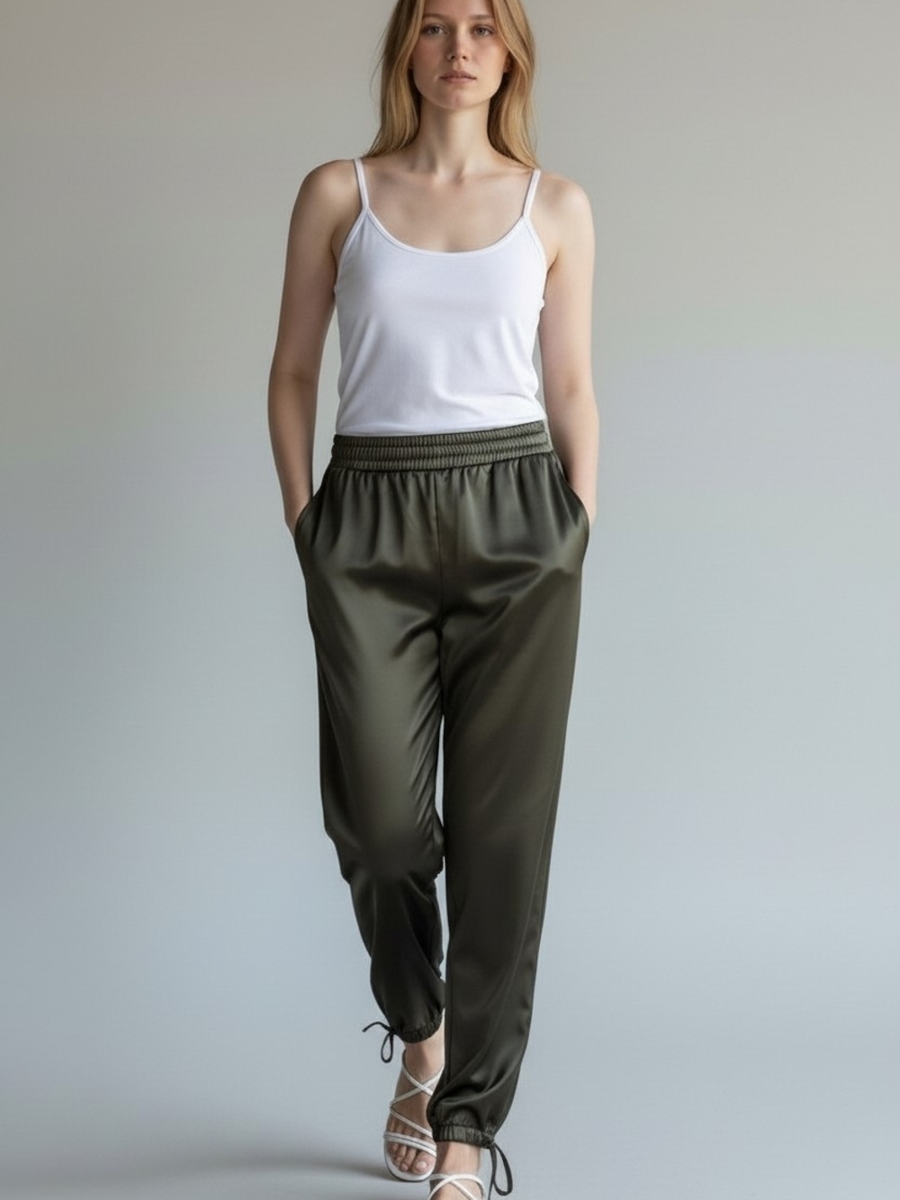 Satin Olive Smocked Waist Drawstring Ankle Jogger Pant NWT Size Small